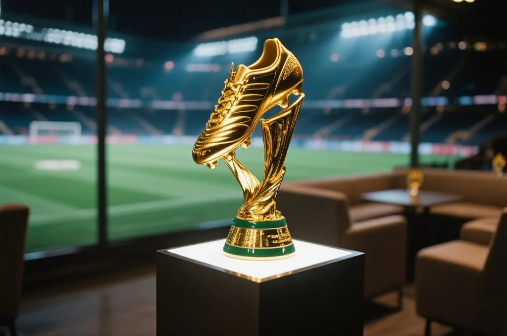 A golden trophy shining on a modern display stand inside a stadium VIP lounge