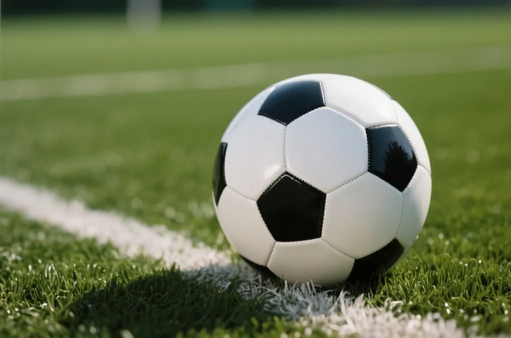 A close-up of a white soccer ball on the green grass of a football field, cinematic lighting