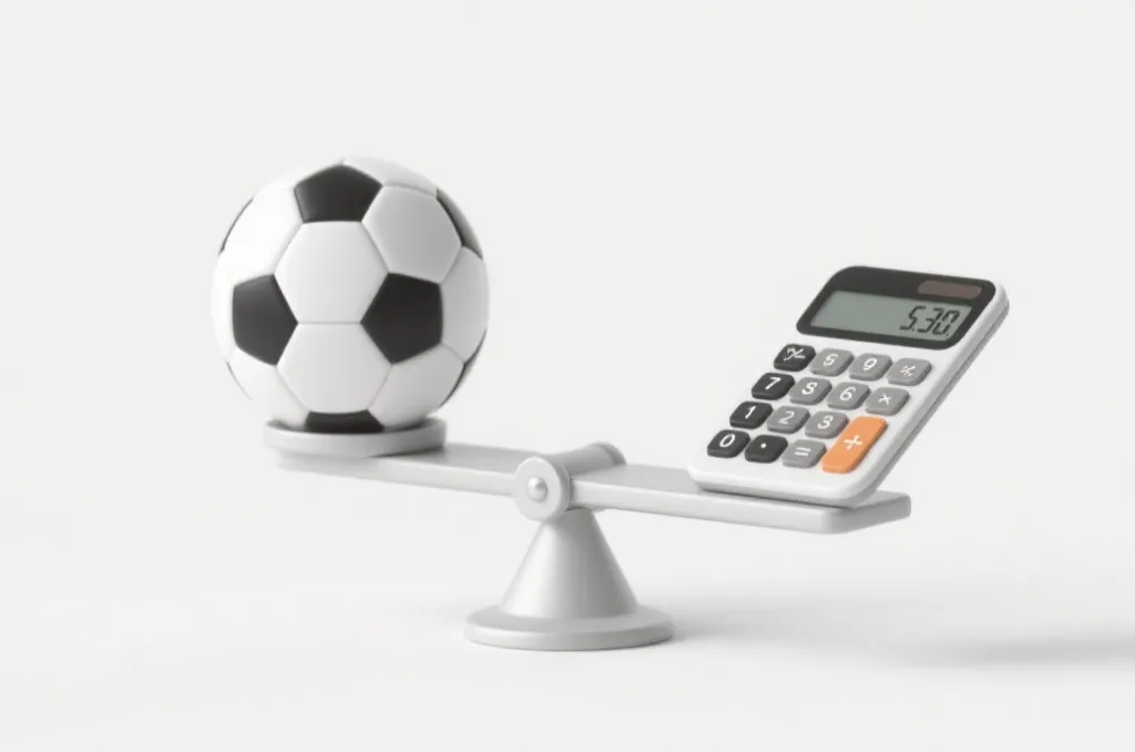 A balance scale with a soccer ball on one side and a modern digital calculator on the other, clean white background, minimalist 3D rendering